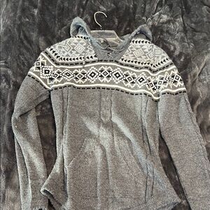 Gray V-Neck Sweater with Patterned Design
